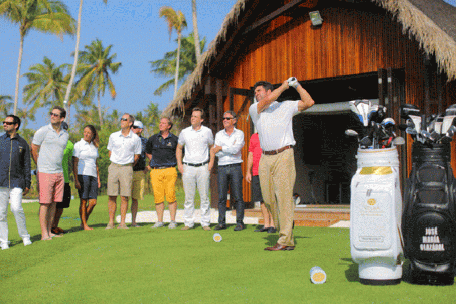 The golfing legend hits the ceremonial tee shot at the official opening of his Velaa Golf Academy by Olazabal